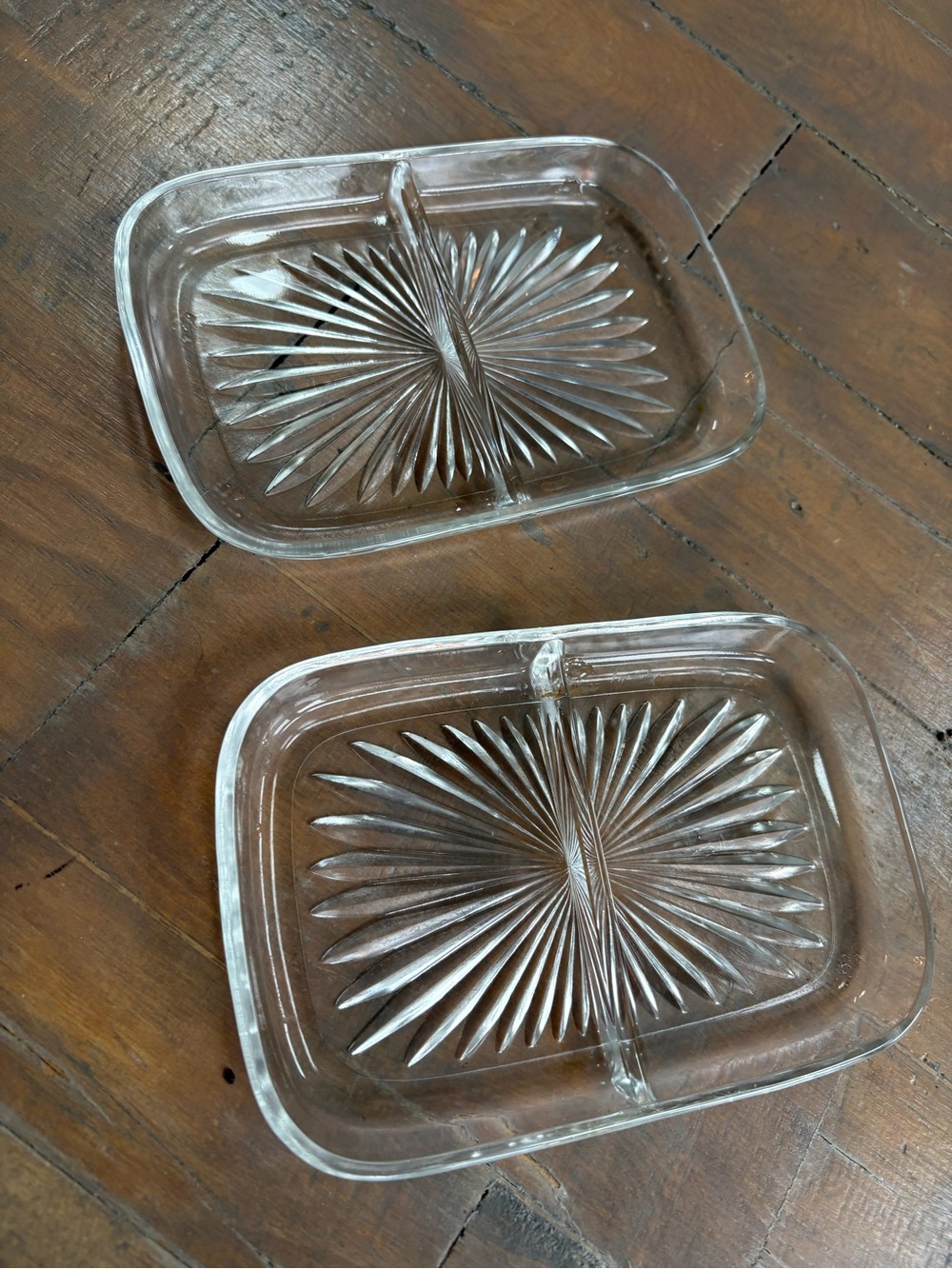 A pair of starburst Glass Divided Dish - Elegant Sunburst Design